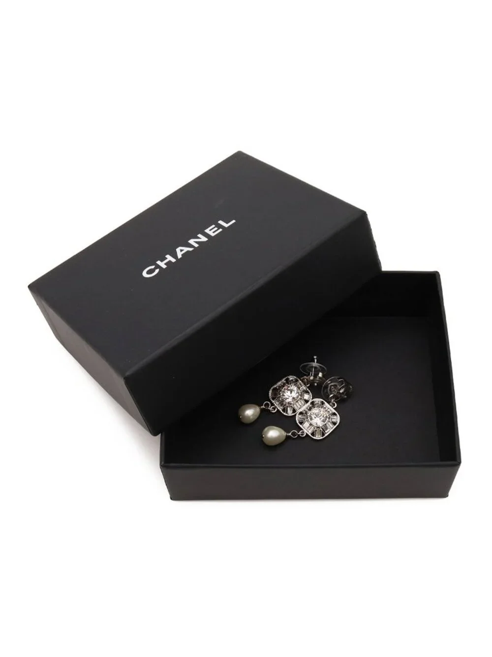 Chanel CC Logo Bijou Pearl Earrings Swing Metal Faux Silver White